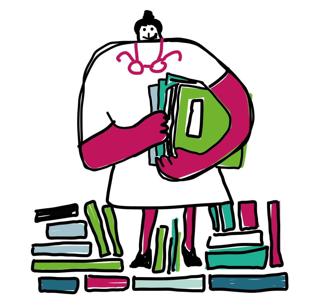 E-Learning MeLearn: Comicdarstellung Frau mit Bücherstapel
